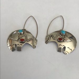 Sterling Turquoise Coral Medicine Bear Earrings